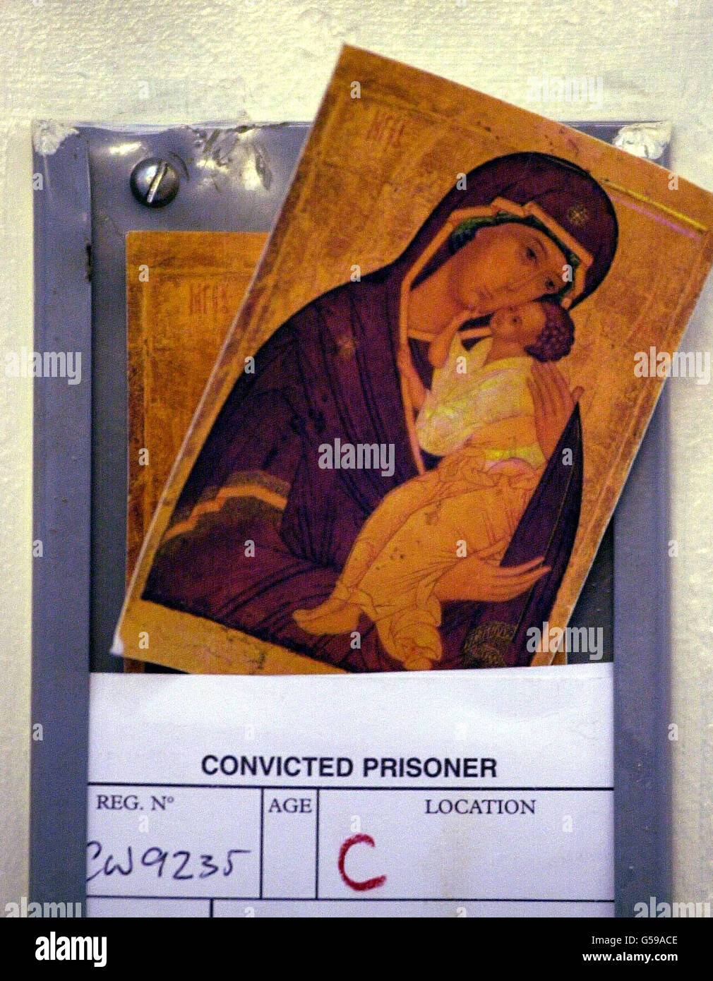 A picture of The Virgin Mary, in a prison cell pigeon hole at Brixton Prison, South London. Prison inspectors found 'totally unacceptable' practices at Brixton Prison and condemned the Victorian jail's hospital as 'scandalous', according to a report published. * The beleaguered prison was found to have such poor management that officers were allowed to get away with being lazy, dangerous and irresponsible. Stock Photo