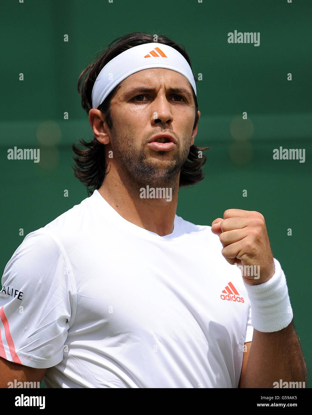 Spain's Fernando Verdasco celebrates against Jimmy Wang during day one of the 2012 Wimbledon Championships at the All England Lawn Tennis Club, Wimbledon. Stock Photo