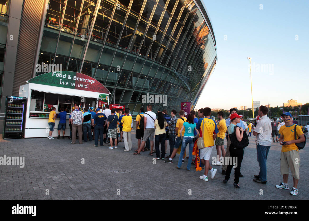 Fans queue for food and drinks outside the Donbass Arena Stock Photo