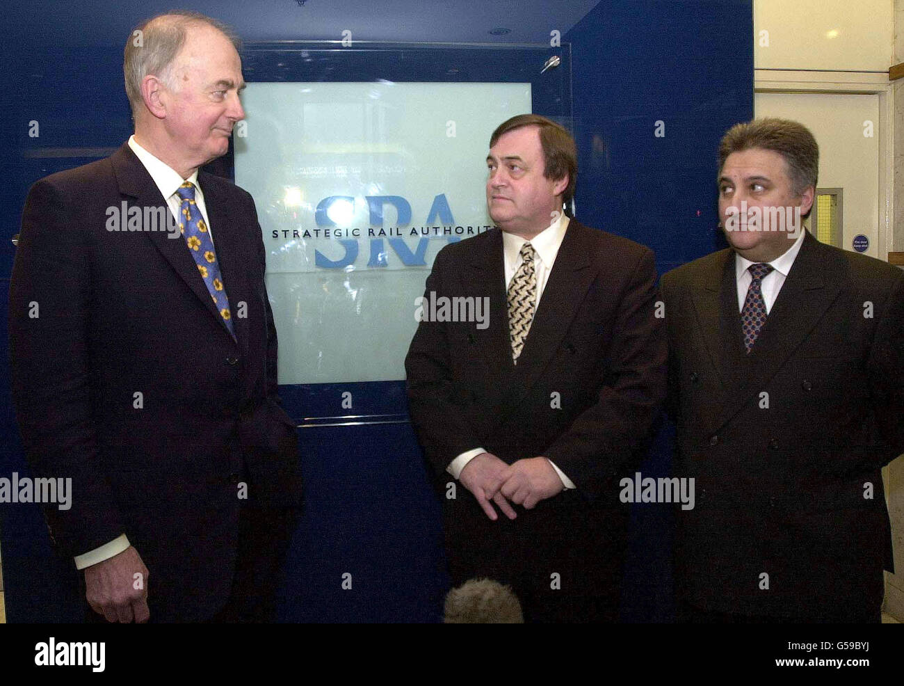 Deputy Prime Minister John Prescott (centre) launches the Strategic Rail Authority with it's Chairman Sir Alastair Morton (left) and Chief Executive Mike Grant in London. * The SRA said its proposals to improve the railways would not be published until the end of February, several months late and blamed the delay on the Hatfield disaster and on having to await the decision on how much Railtrack can charge train operating companies for access to the rail network. Stock Photo