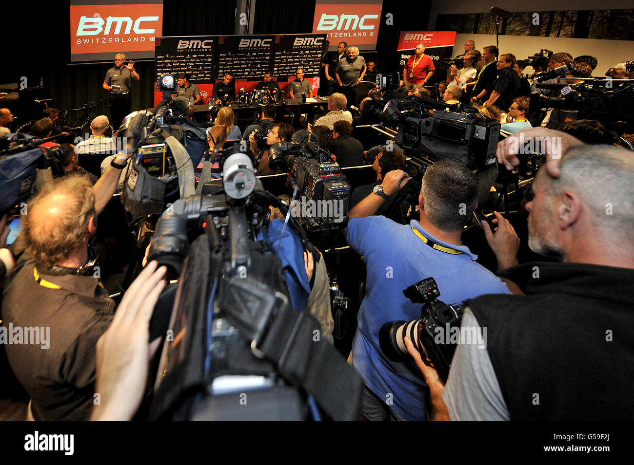 2011 Tour de France winner Cadel Evans during a press conference in the BMC team Hotel in Liege, Belgium. Stock Photo