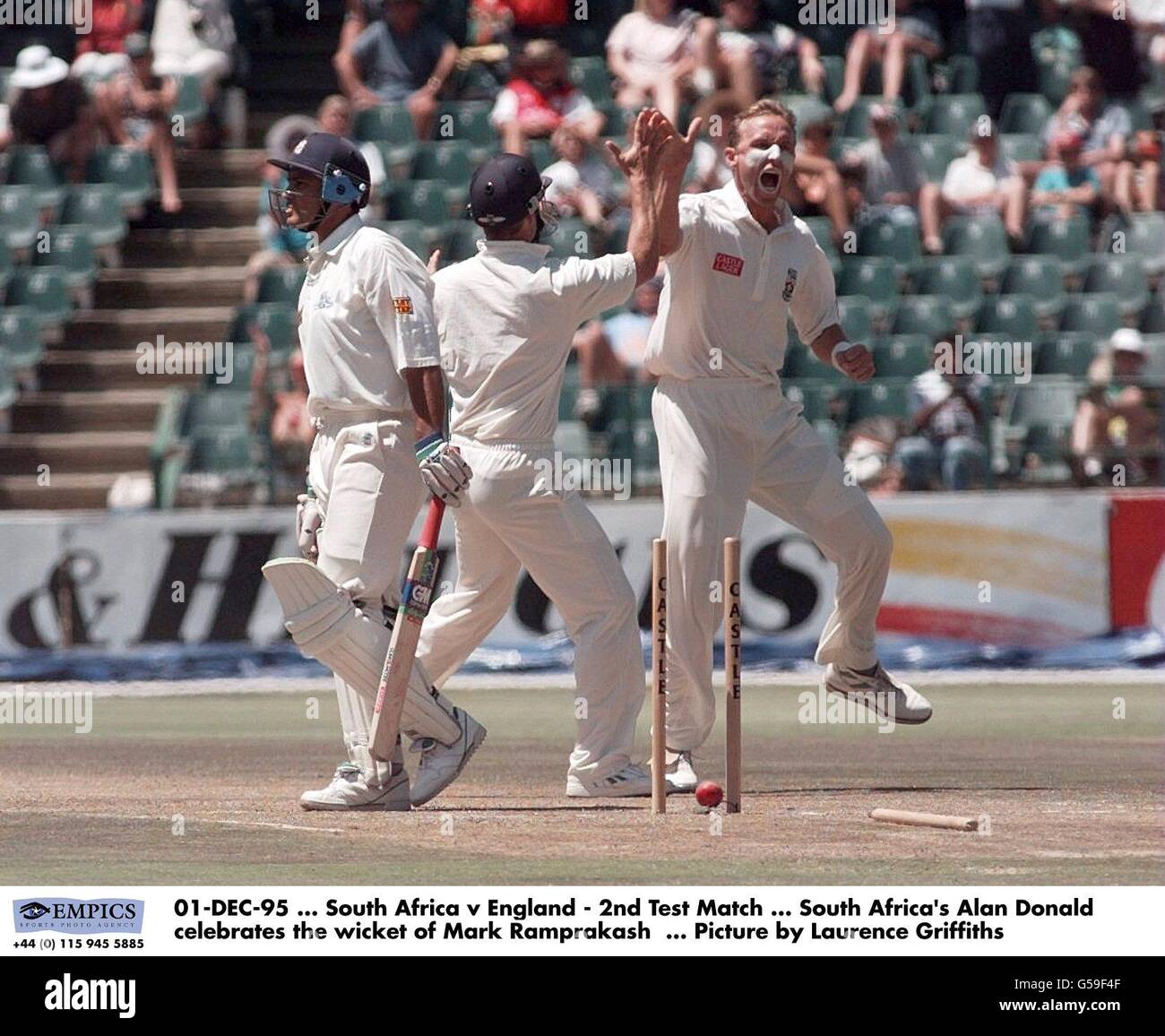 01-DEC-95, South Africa v England - 2nd Test Match, South Africa's Allan Donald celebrates the wicket of Mark Ramprakash, Picture by Laurence Griffiths Stock Photo