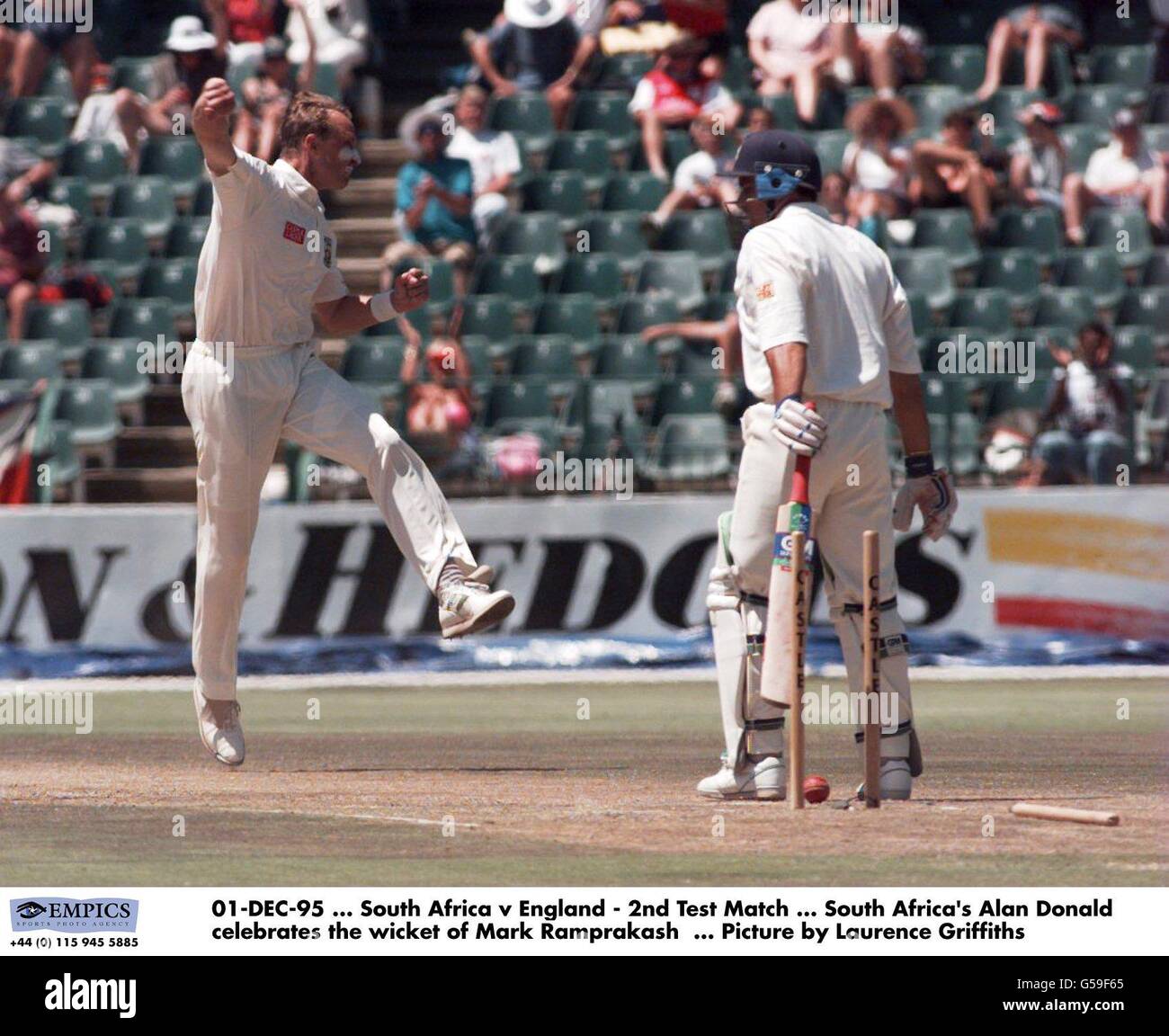 01-DEC-95, South Africa v England - 2nd Test Match, South Africa's Allan Donald celebrates the wicket of Mark Ramprakash, Picture by Laurence Griffiths Stock Photo