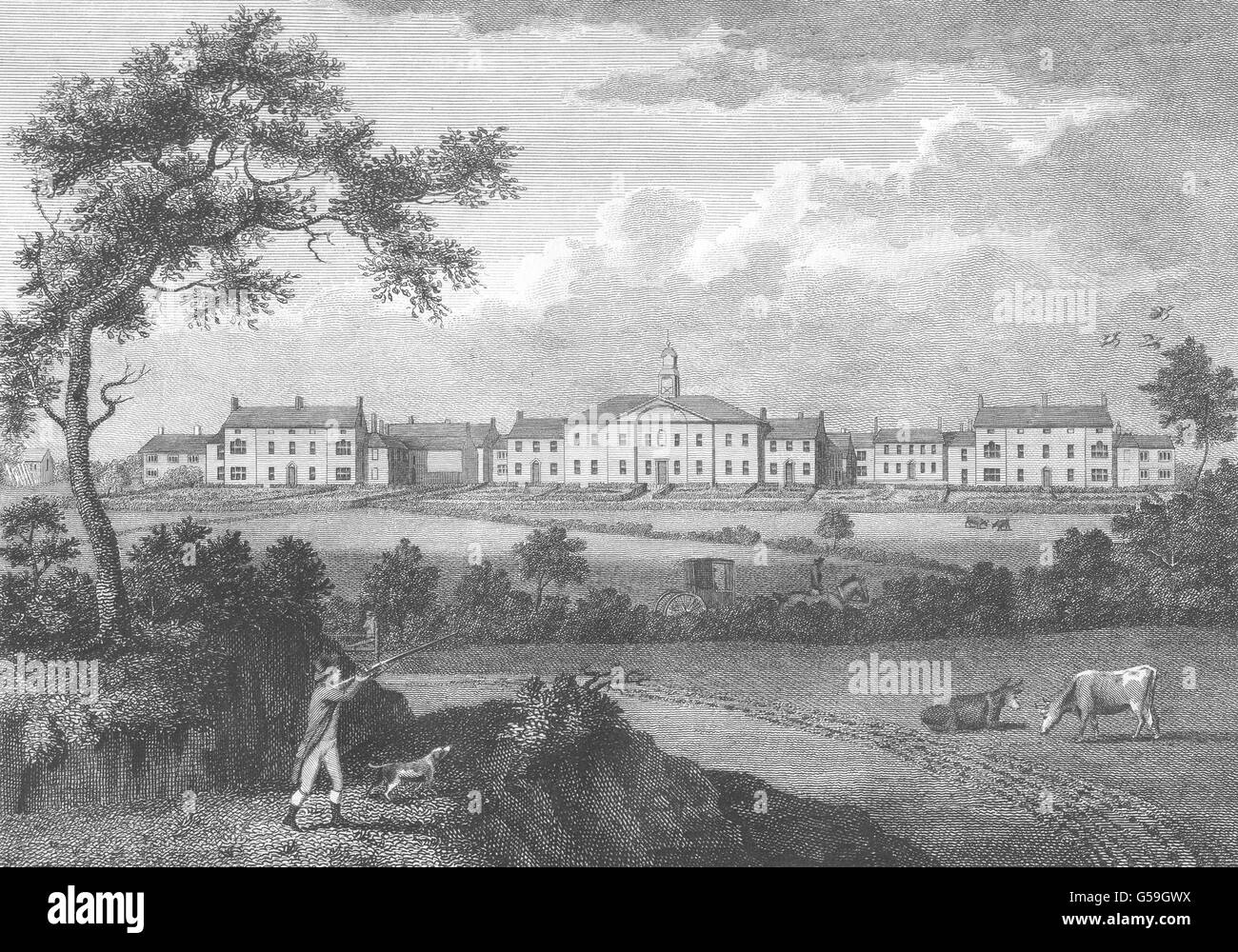 LANCASHIRE: Ashton Fairfield Hall. Aikin / Stockdale. Man shooting, print 1794 Stock Photo