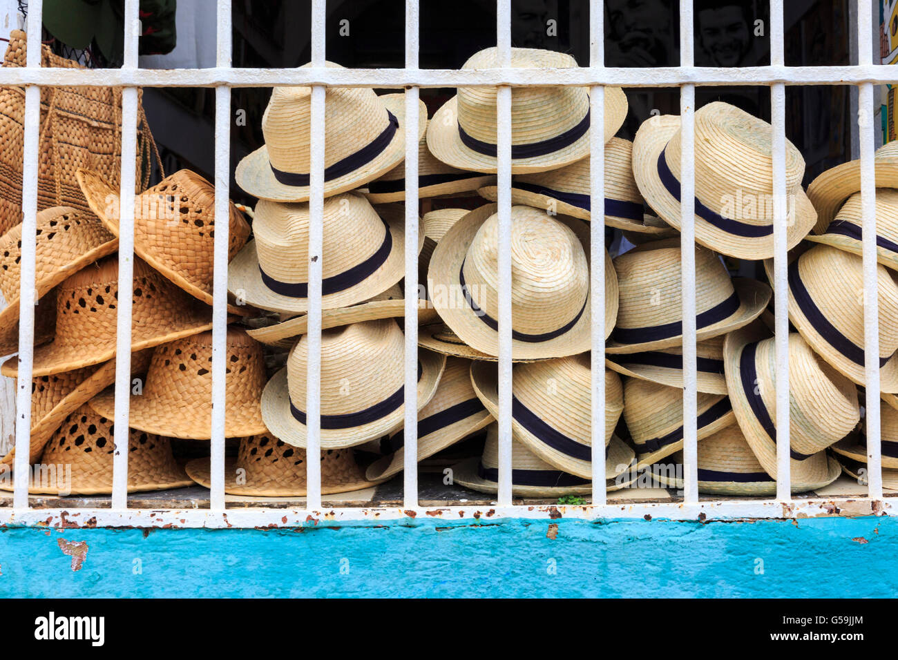 Cuban Fedora style straw hats on display in Trinidad, Cuba Stock Photo