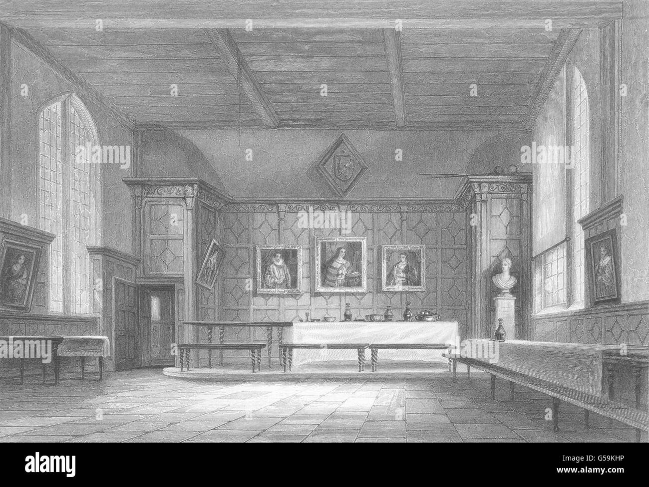 CAMBRIDGE: Pembroke College. The Hall. Paintings (Le Keux), old print c1842 Stock Photo