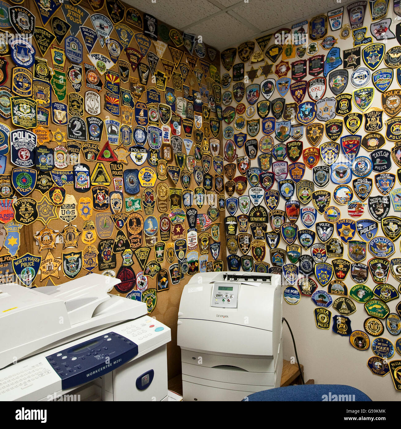 View of law enforcement badges from the US and all over the world FBI in a room at the FBI Academy in Quantico, VA, USA, 12 May Stock Photo