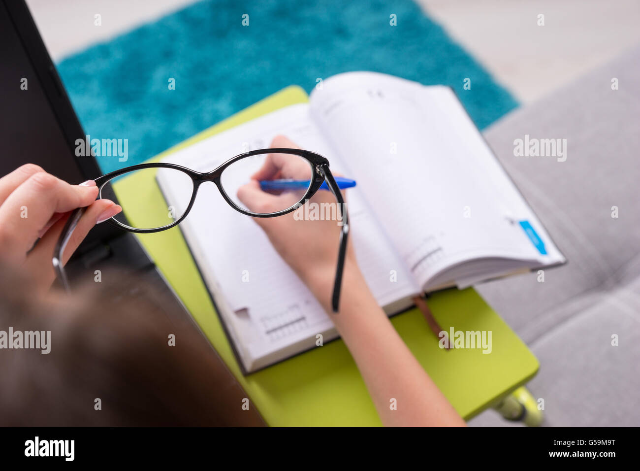 Close up view through glasses to the open blank page of a business journal or diary with a woman's hand, who holding a pen for making appointments, organising a schedule or agenda. Stock Photo