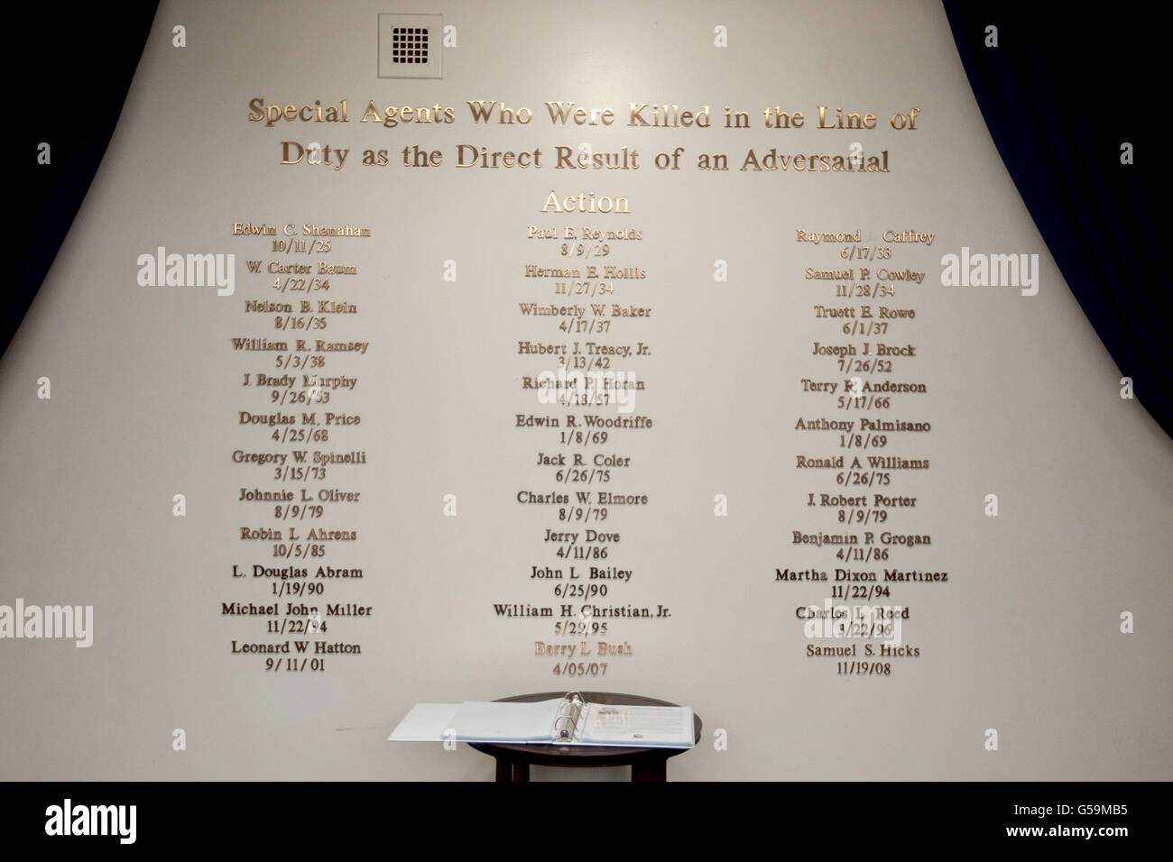 Wall listing special agents who died in performance of law enforcement duty, FBI National Academy in Quantico USA, 12 May 2009 Stock Photo