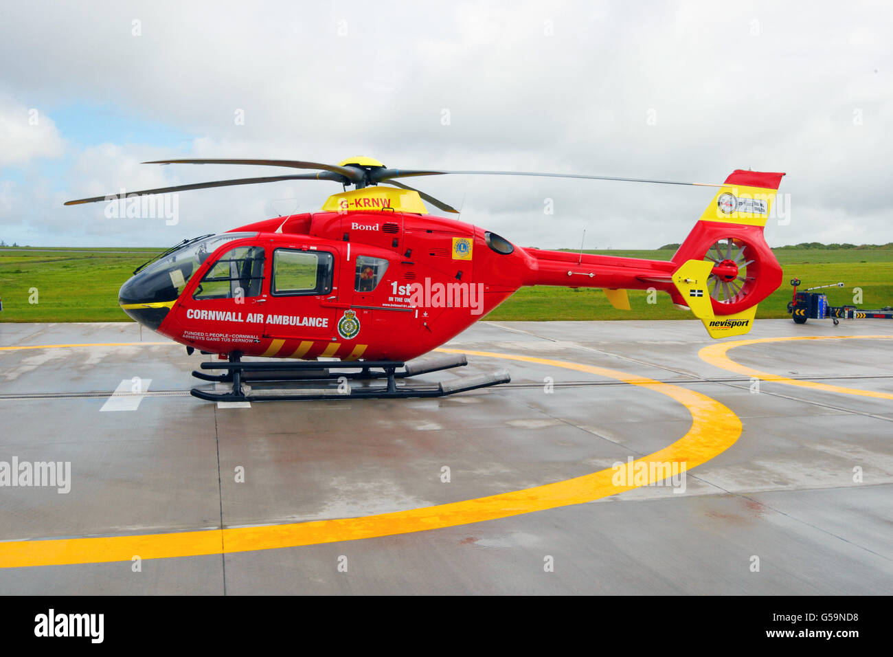 The helicopter of the Cornwall Air Ambulance Trust at the new headquarters at Newquay Airport, Cornwall. Stock Photo