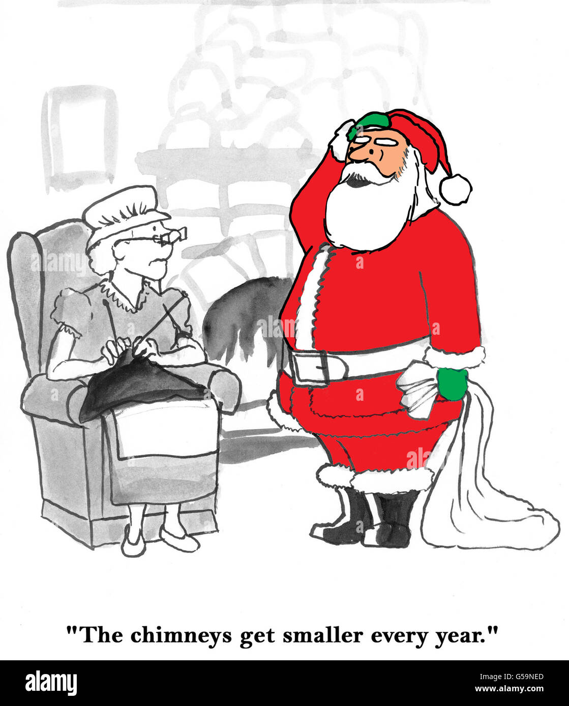Christmas cartoon about Santa Claus thinking the chimneys are getting smaller. Stock Photo