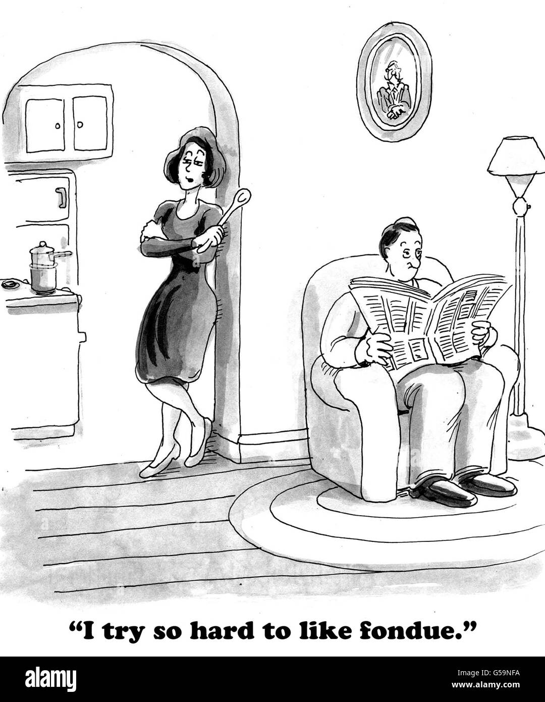 Cartoon about a wife who wants to try to like fondue. Stock Photo