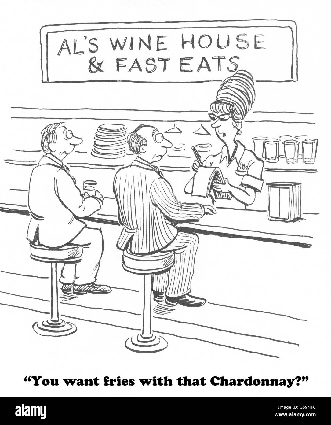 Cartoon about a fine wine establishment that serves fast food. Stock Photo