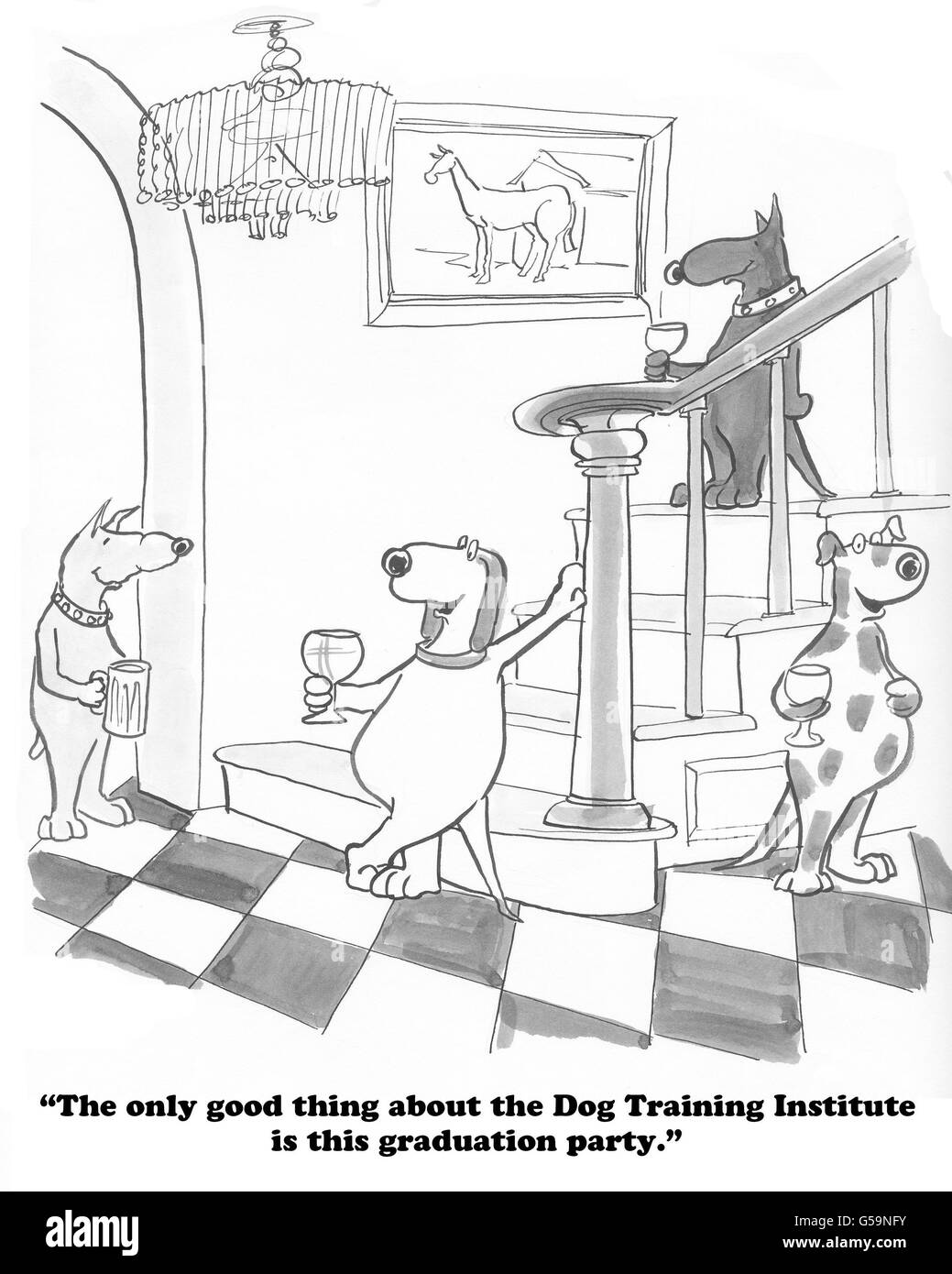 Cartoon about a graduation party after dog obedience school Stock Photo