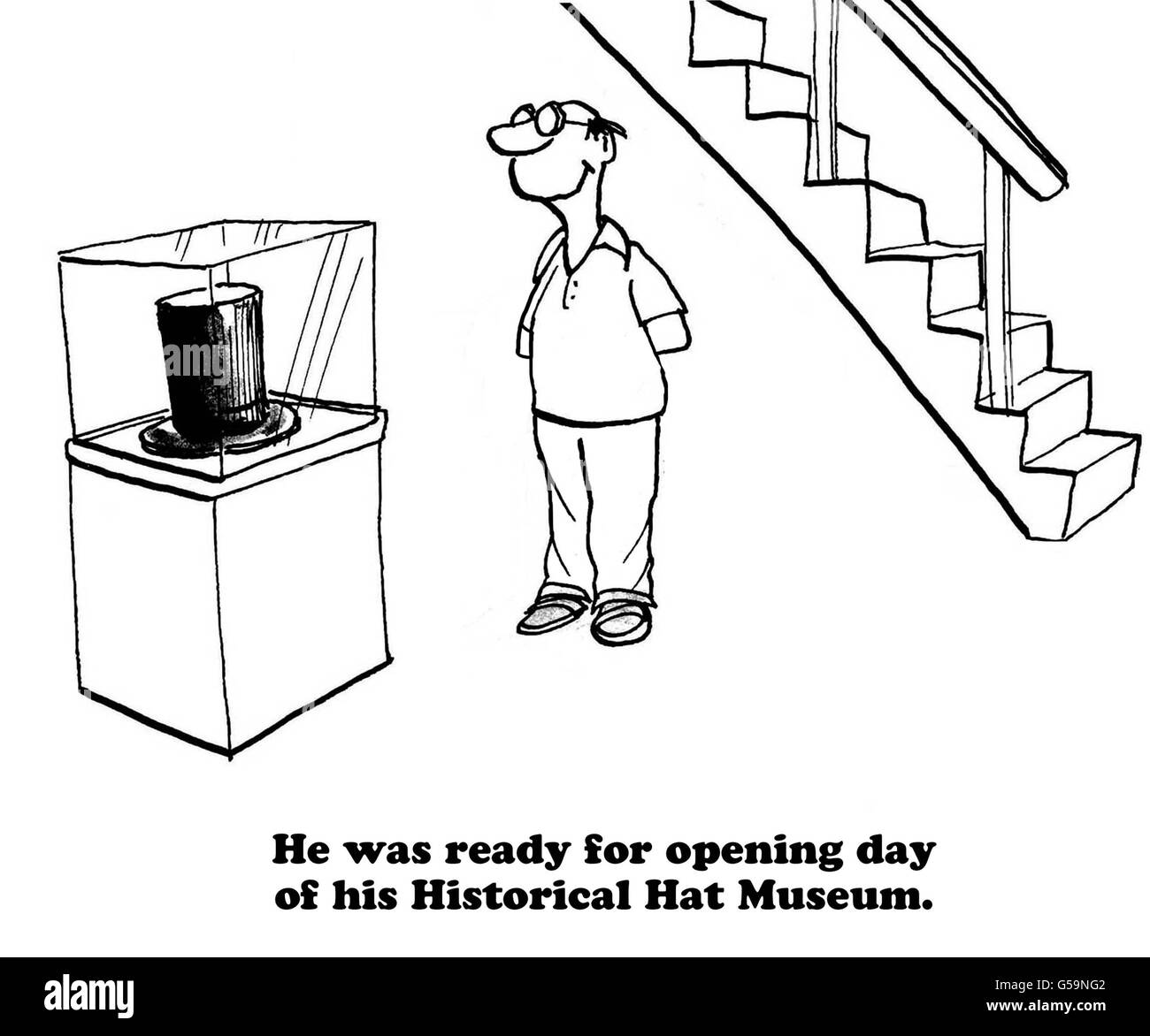Cartoon about establishing a hat museum. Stock Photo
