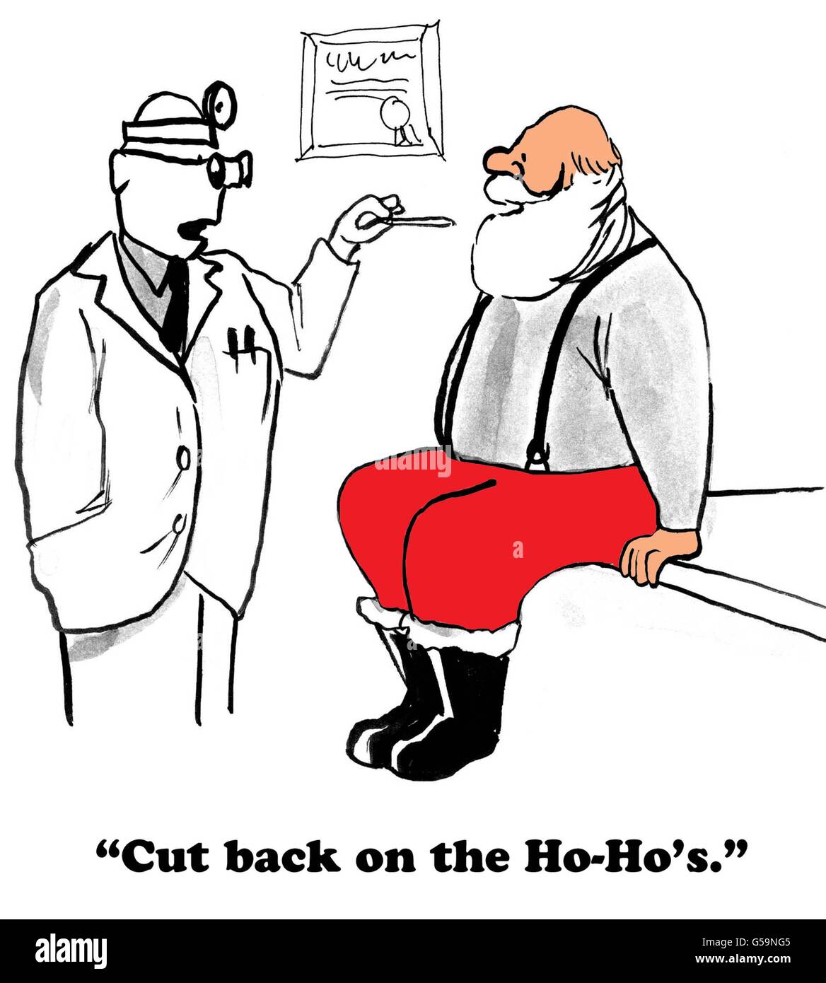 Cartoon about doctor telling Santa Claus to lose weight. Stock Photo