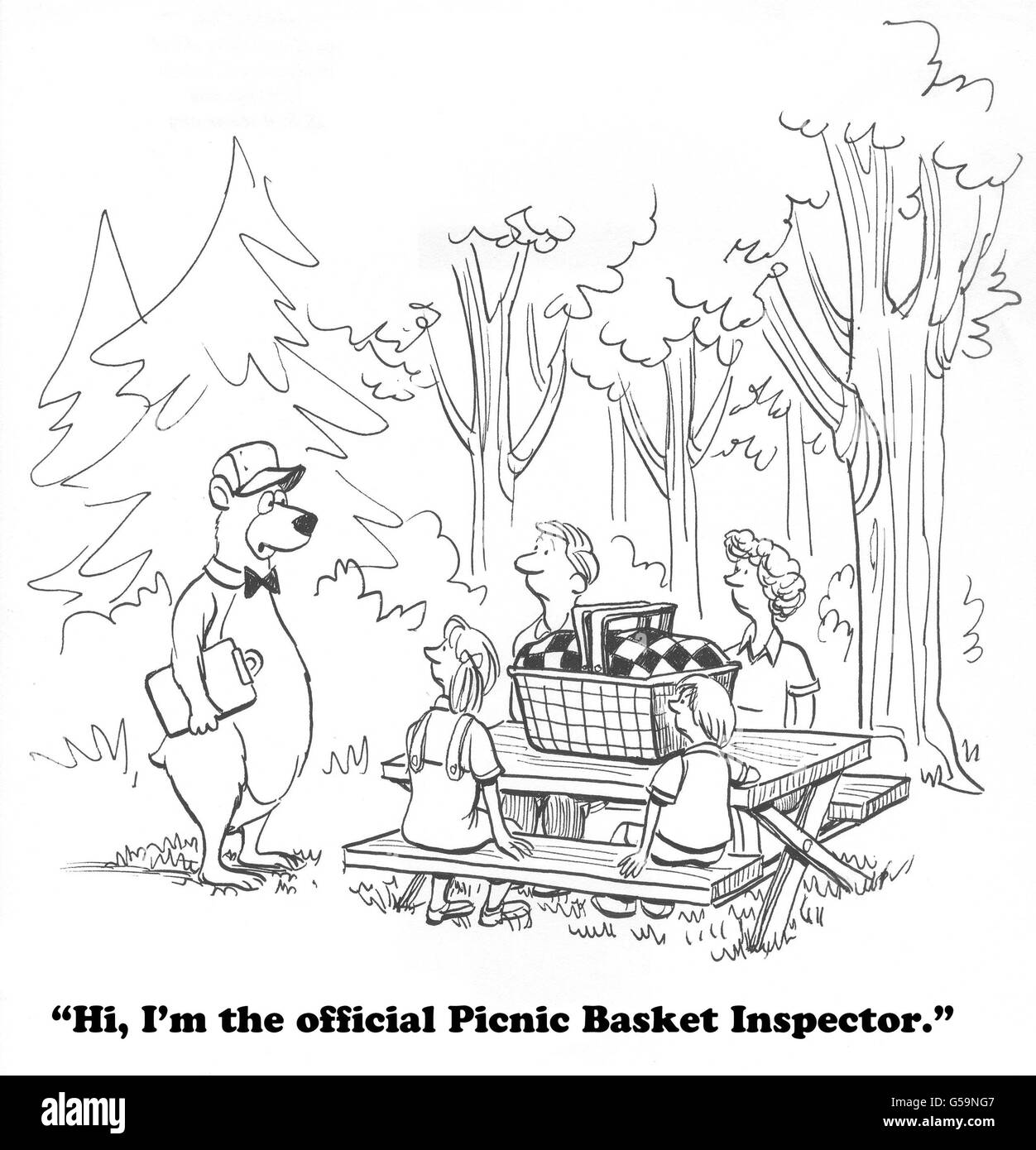 Cartoon of a bear who is the picnic basket inspector. Stock Photo
