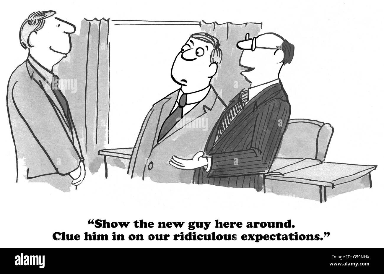 Business cartoon about a company with ridiculous expectations. Stock Photo