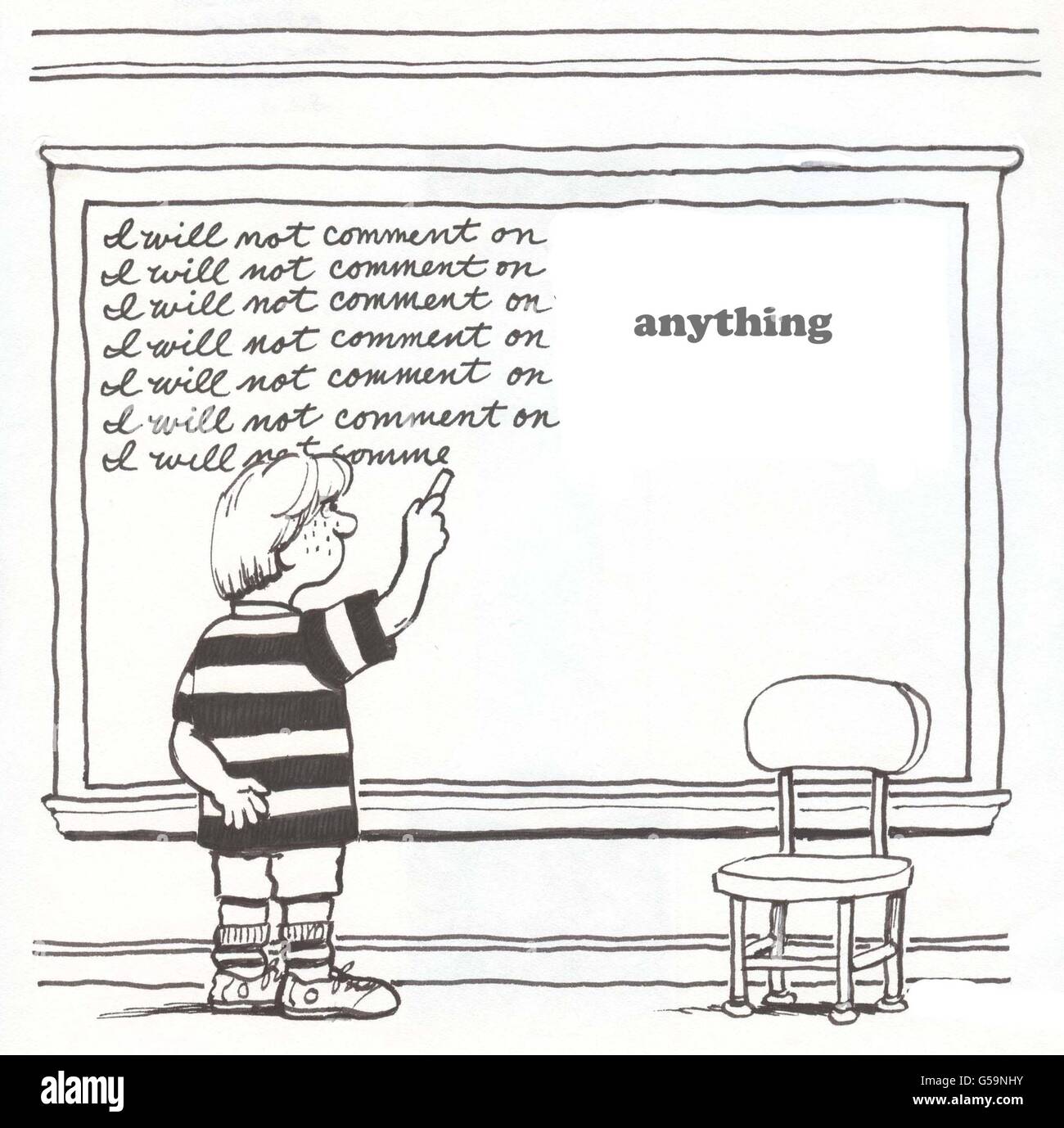 Education cartoon about a student told to write that he will not comment on anything. Stock Photo