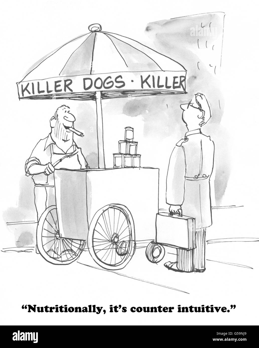 Cartoon about killer hot dogs. Stock Photo