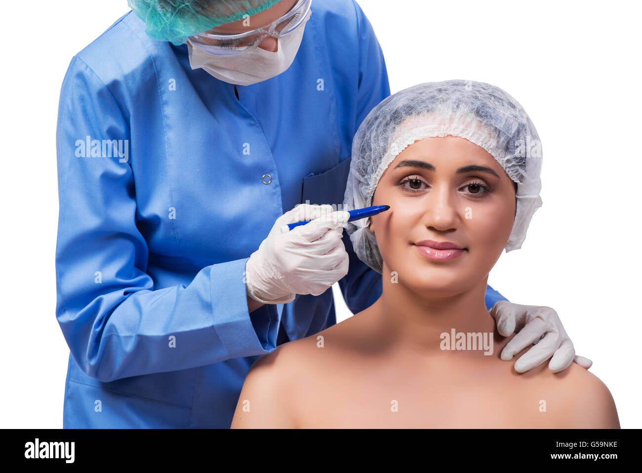 Young woman preparing for plastic surgery isolated on white Stock Photo