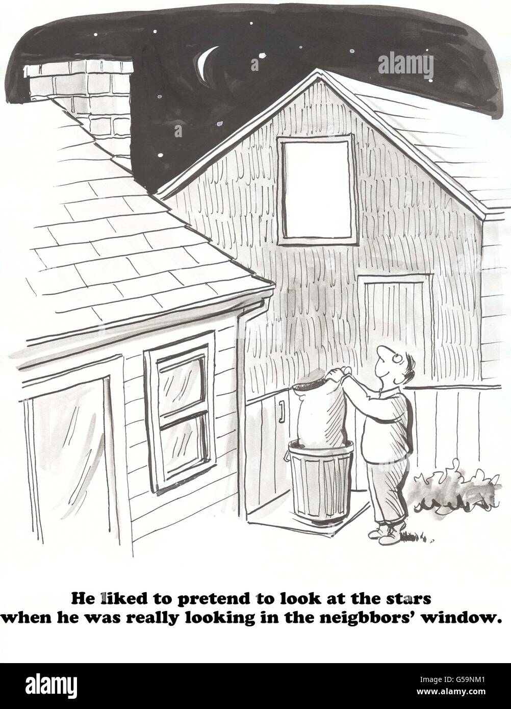 Cartoon about a peeping tom. Stock Photo
