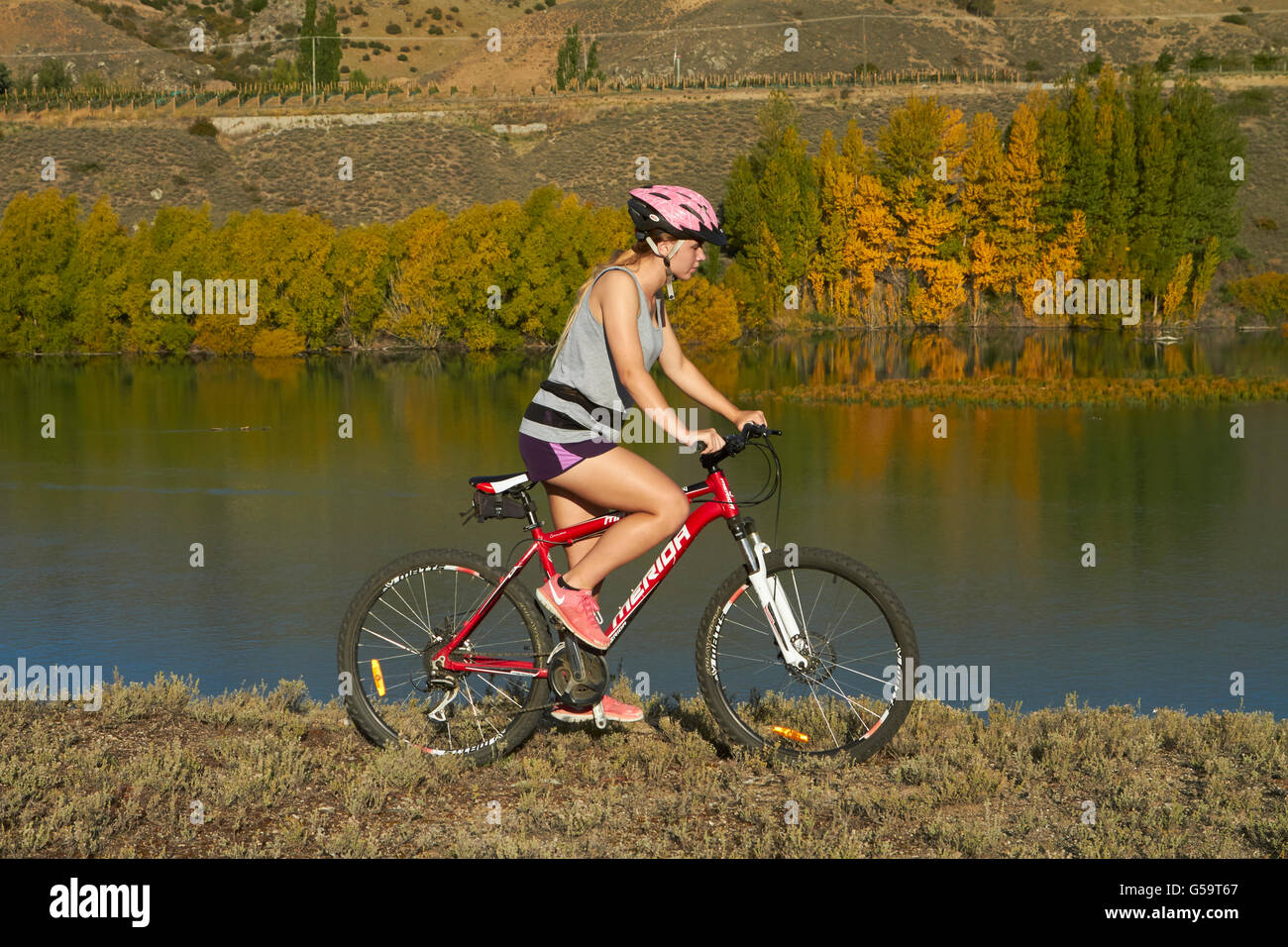 Mountain biker on Cromwell to Bannockburn Lakeside Track, and Lake Dunstan, near Cromwell, Central Otago, South Is, New Zealand Stock Photo