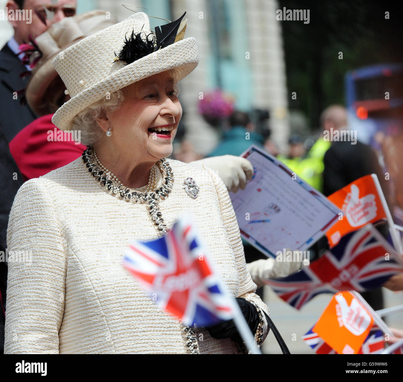 Queen Elizabeth II meets the crowds during a walkabout on Briggate in