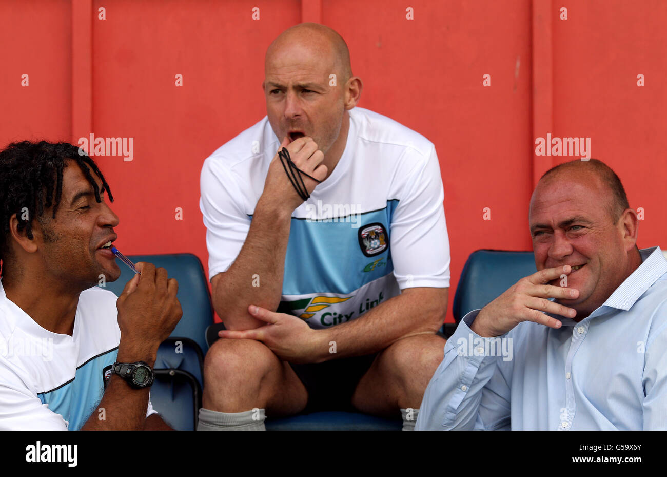 Soccer - Pre Season Friendly - Hinckley United v Coventry City - De Montfort Park. Coventry City's manager Andy Thorn (right) with coach's Richard Shaw and Lee Carsley (centre) Stock Photo