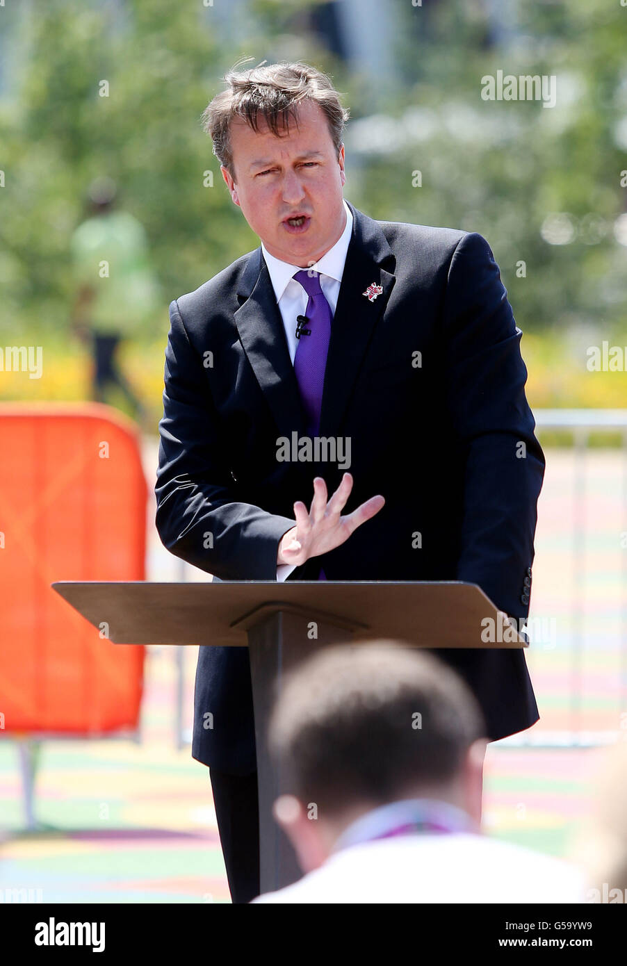 Cameron visits Olympic Park. Prime Minster David Cameron speaks to the media during a visit to the Olympic Park at Stratford. London. Stock Photo