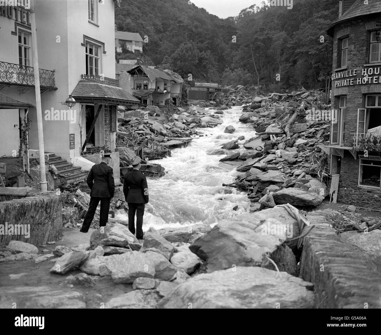 Weather - Lynmouth tidal wave - 1952. The aftermath of the devastating 'tidal wave' which swept through the Devon resorts of Lynmouth and Lynton. Stock Photo