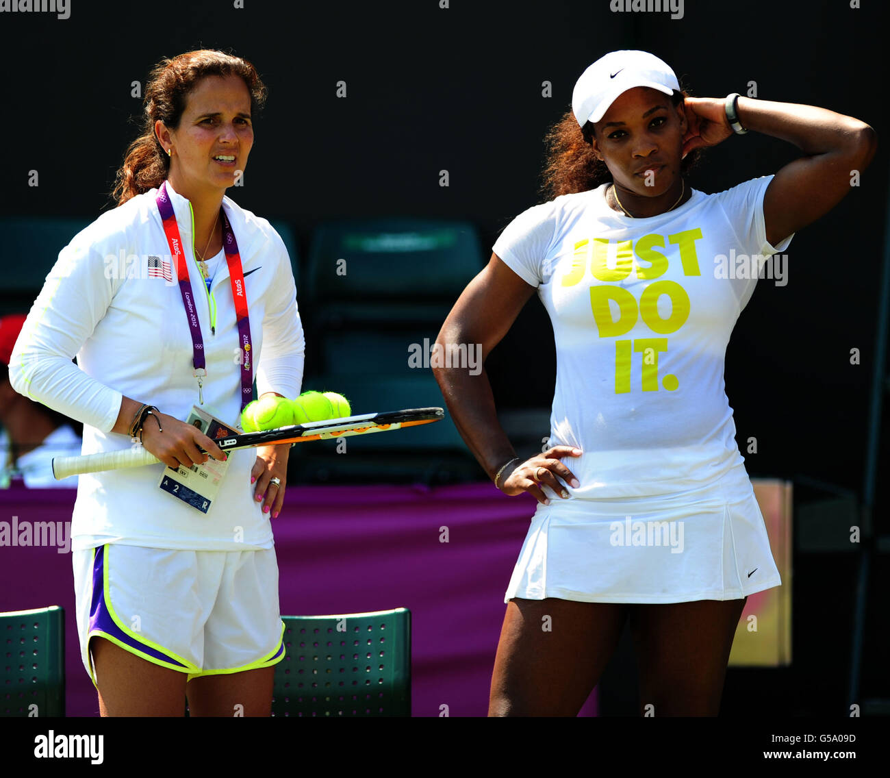 USA's Mary Jo Fernandez and Serena Williams (right) during the practice