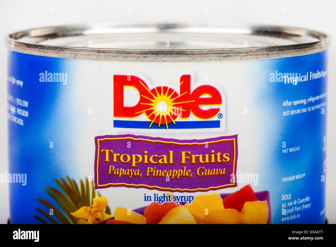 LONDON, UK - JUNE 16TH 2016: A tin of Tropical Fruit in Light Syrup produced by Dole Food Company, taken on 16th June 2016. Dole Stock Photo