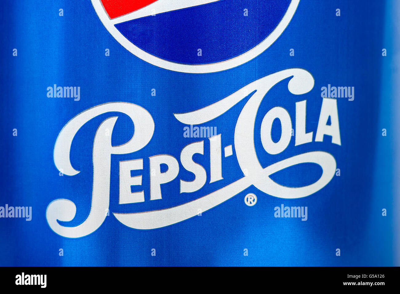 LONDON, UK - JUNE 16TH 2016: Close-up view of the Pepsi Cola logo, on 16th June 2016. The product is produced and manufactured b Stock Photo