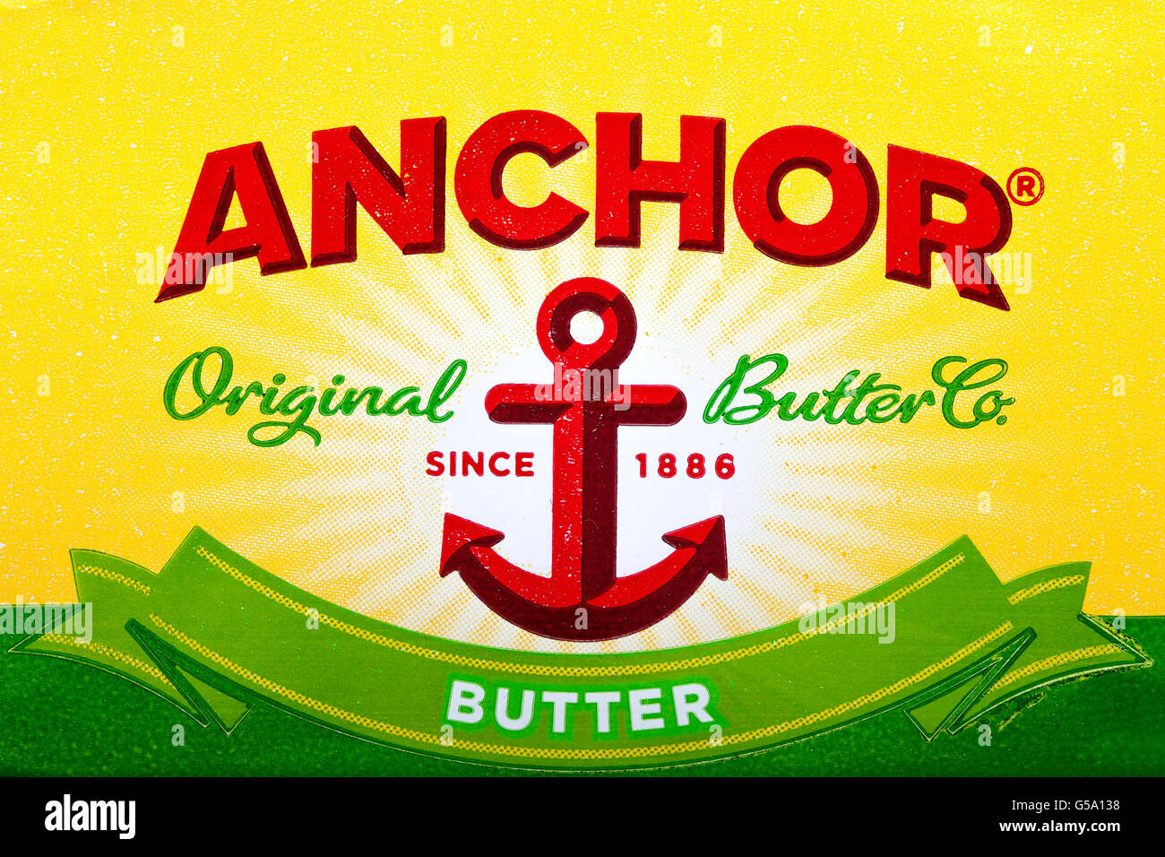 LONDON, UK - JUNE 16TH 2016: Close-up shot of the Anchor Butter logo, on 16th June 2016.  Anchor is a brand of dairy products th Stock Photo