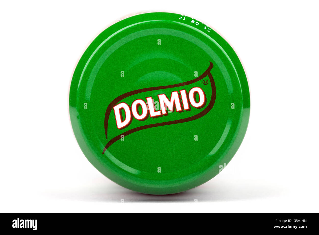 LONDON, UK - JUNE 16TH 2016: Close-up of the Dolmio brand name on the lid of one of their products, on 16th June 2016.  Dolmio i Stock Photo