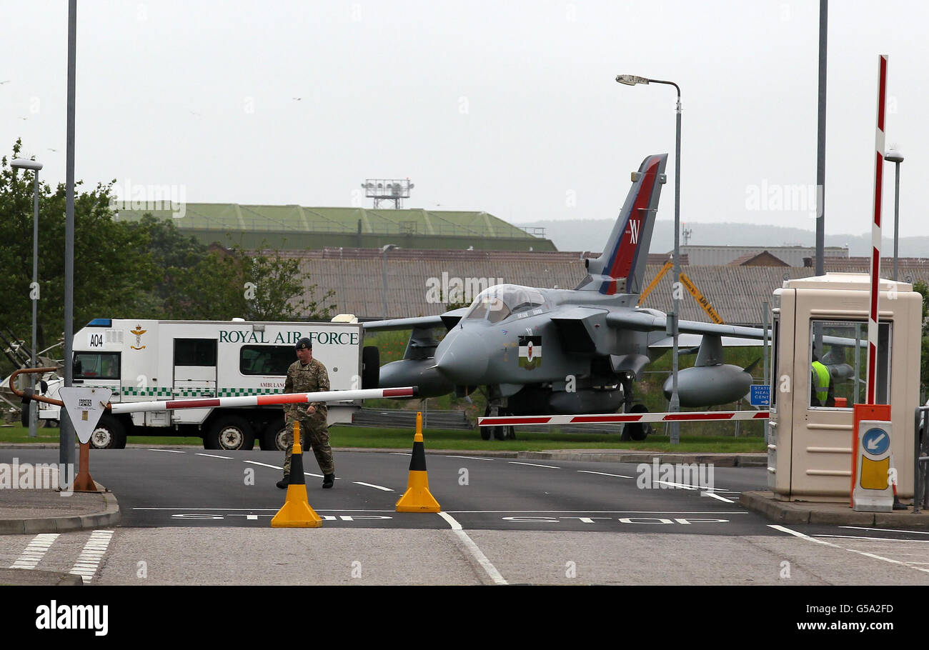 The entrance to RAF Lossiemouth, following an incident in which two RAF Tornados crashed off the coast of Scotland. Stock Photo