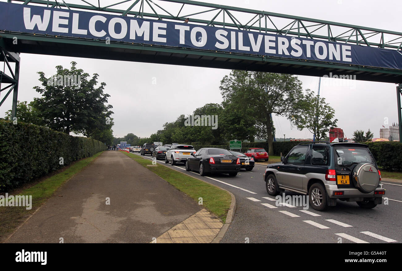 Cars queue to get in to Silverstone Circuit for qualifying for the British Grand Prix. Stock Photo