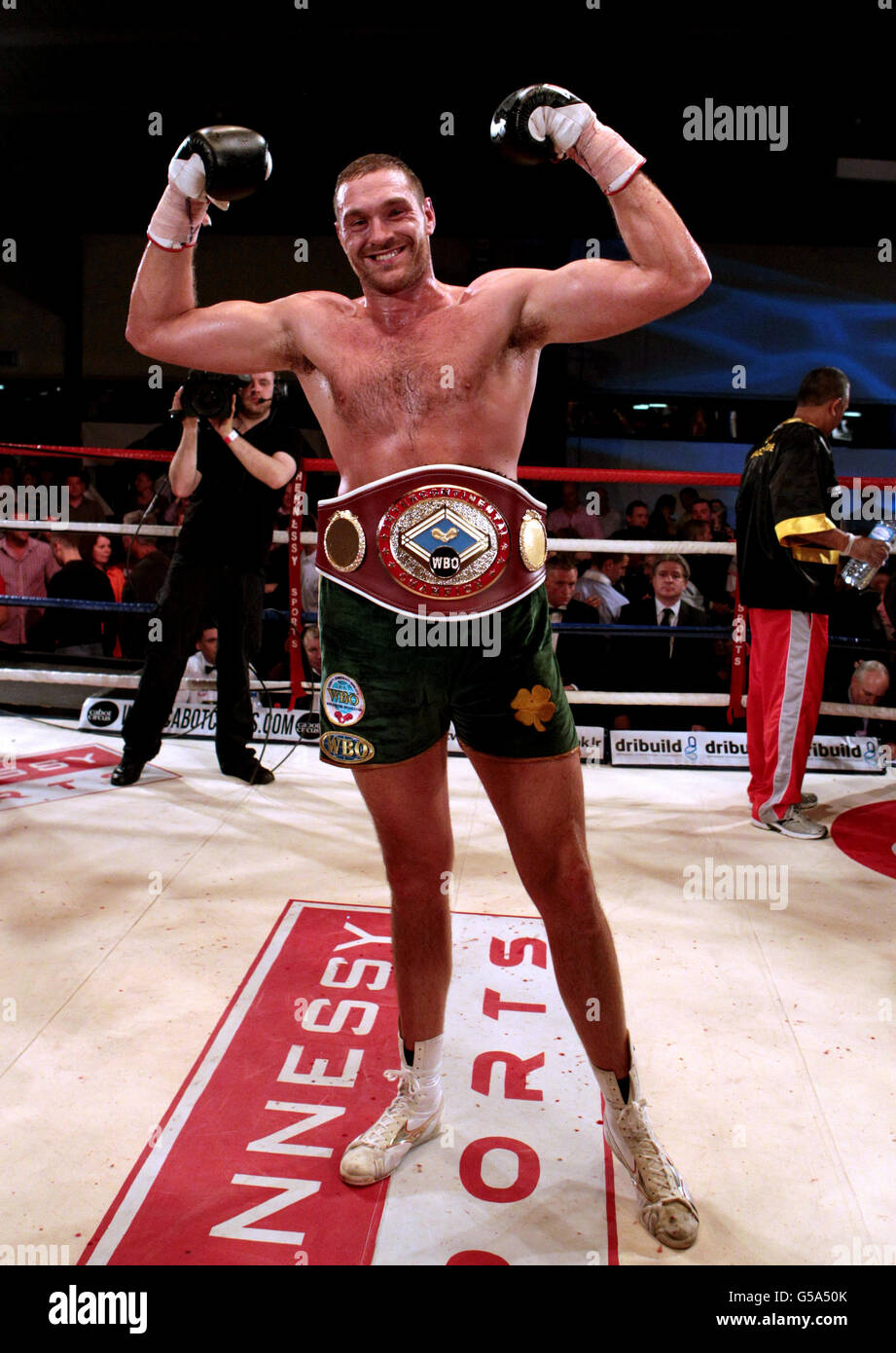 Tyson Fury celebrates beating Vinnie Maddalone at the Hand Arena, Clevedon, North Somerset. Stock Photo