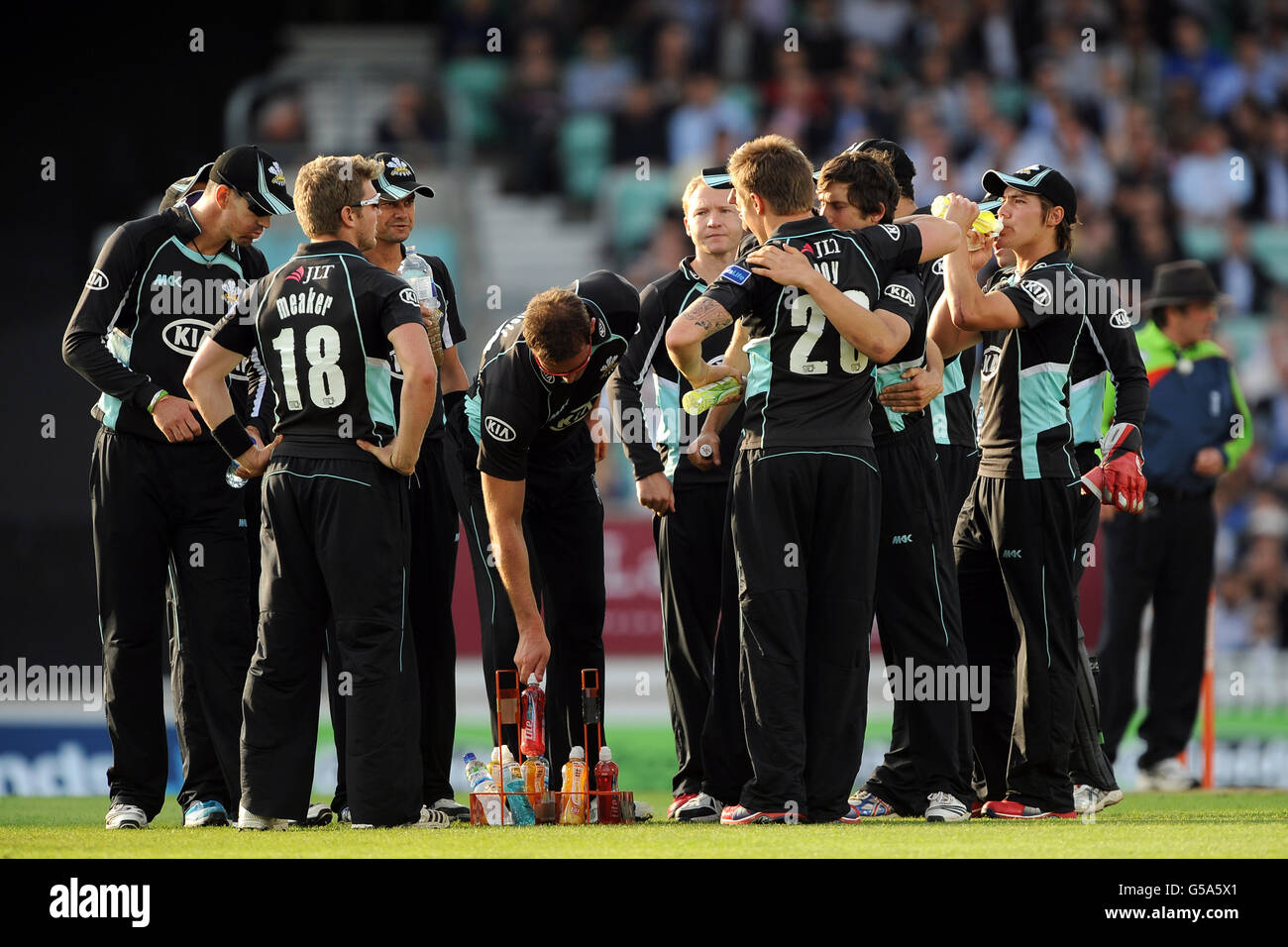 Surrey Lions players celebrate the wicket of Kent Spitfires' Azhar Mahmood Stock Photo