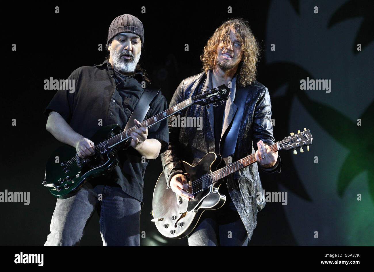 Kim Thayil (left) and Chris Cornell of Soundgarden perform at the Hard Rock Calling music festival in Hyde Park, London. Stock Photo