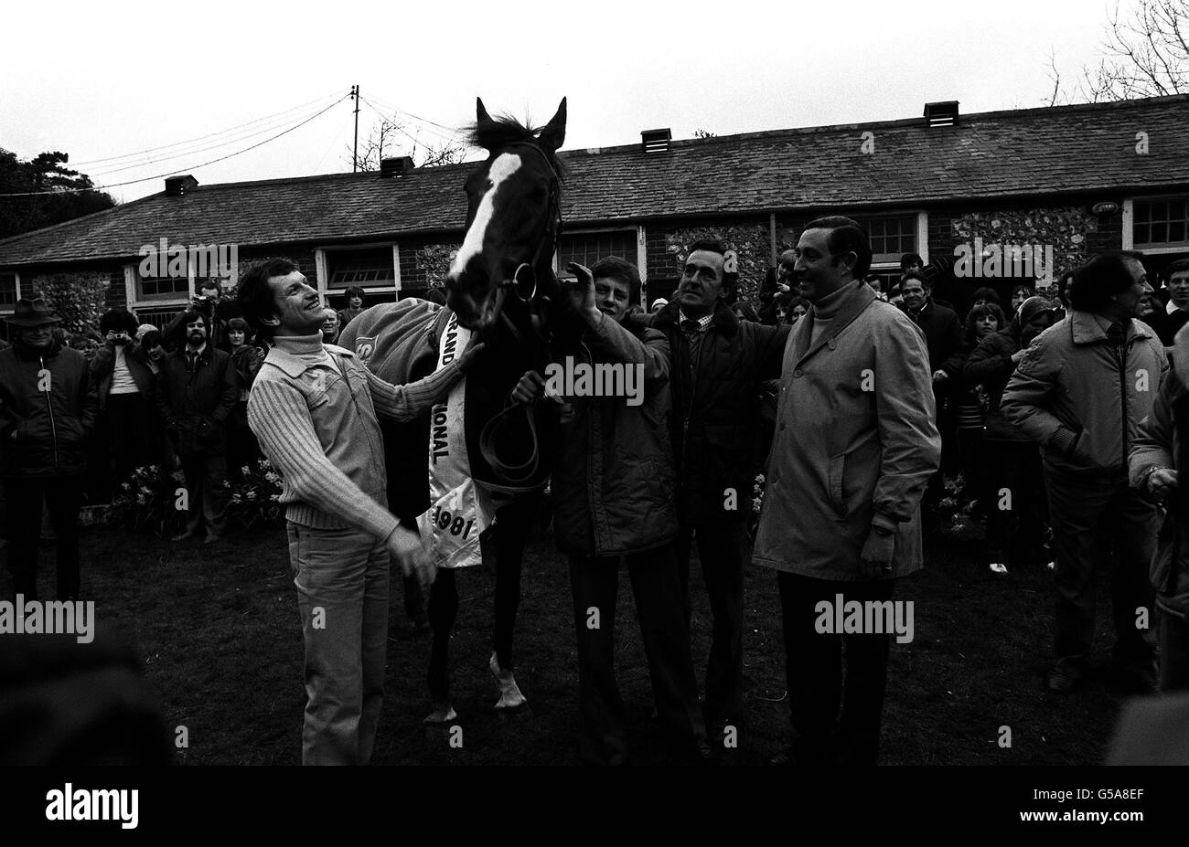 MAKING A HERO'S RETURN TO THE GIFFORD STABLES AT THE SUSSEX VILLAGE OF FINDON IS ALDANITI, THE WINNER OF YESTERDAY'S GRAND NATIONAL AT AINTREE. WITH THE 11 YEAR OLD GELDING ARE WINNING JOCKEY BOB CHAMPION (LEFT), HIS TRAINER JOSH GIFFORD (2ND RIGHT) AND THE OWNER NICK EMBIRICOS. Stock Photo