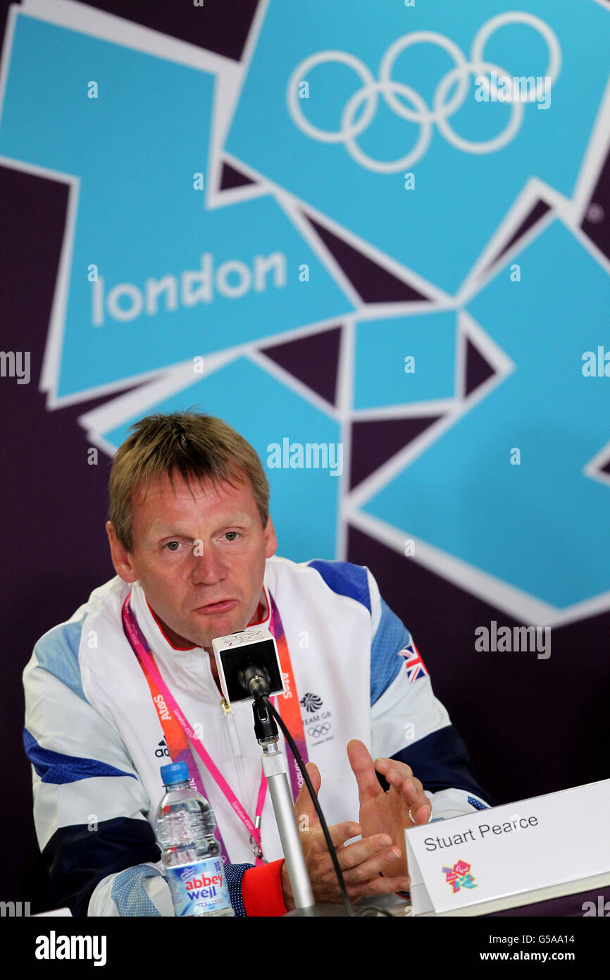 England coach Stuart Pearce during a press conference at the Olympic Park, London. Stock Photo
