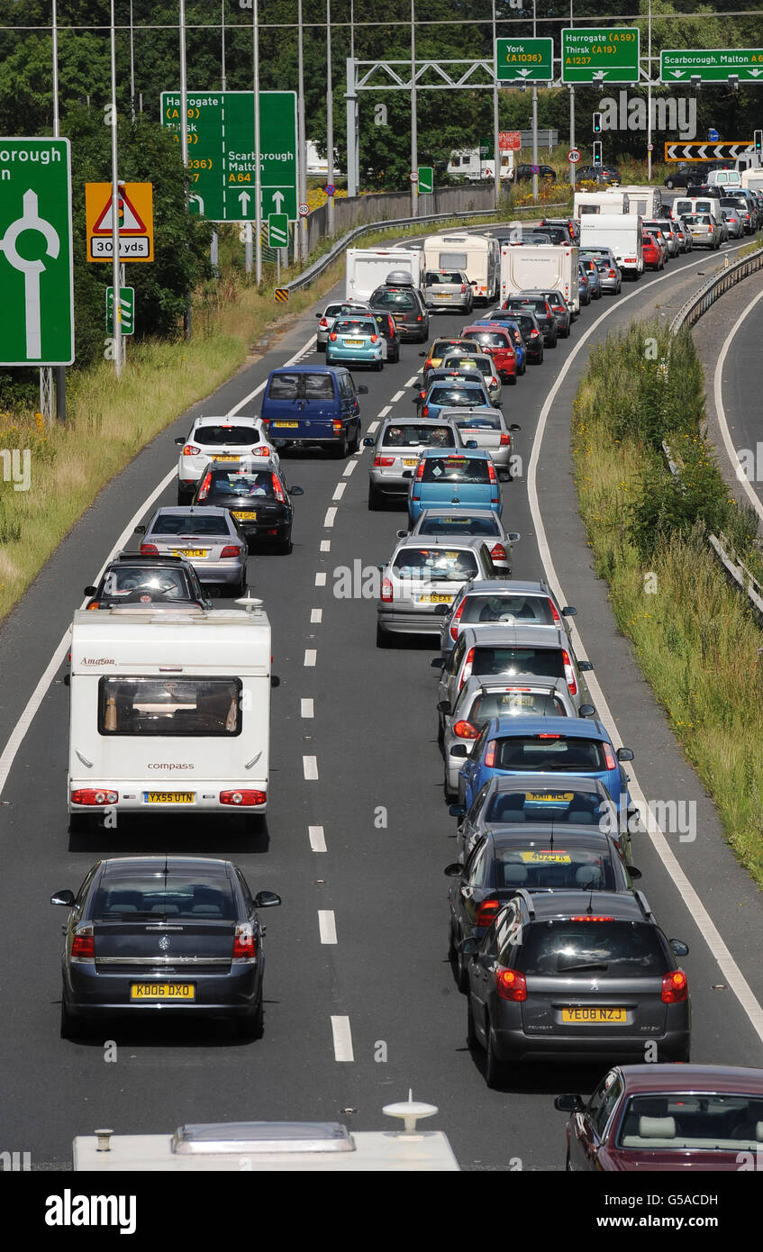 Traffic builds on the A64 Leeds to Scarborough road outside York as the