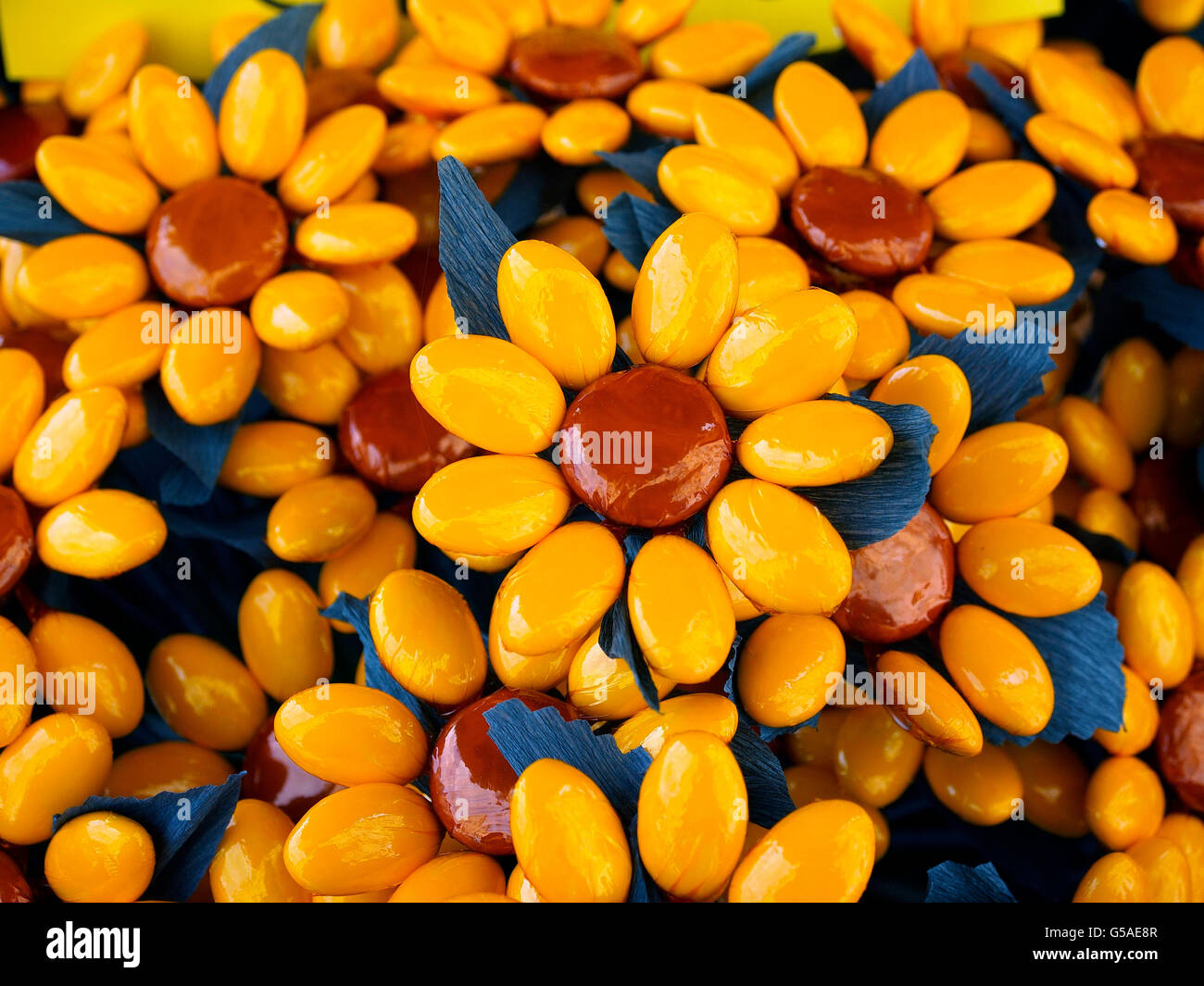 Sugared almonds as petals for these floral creations. Stock Photo
