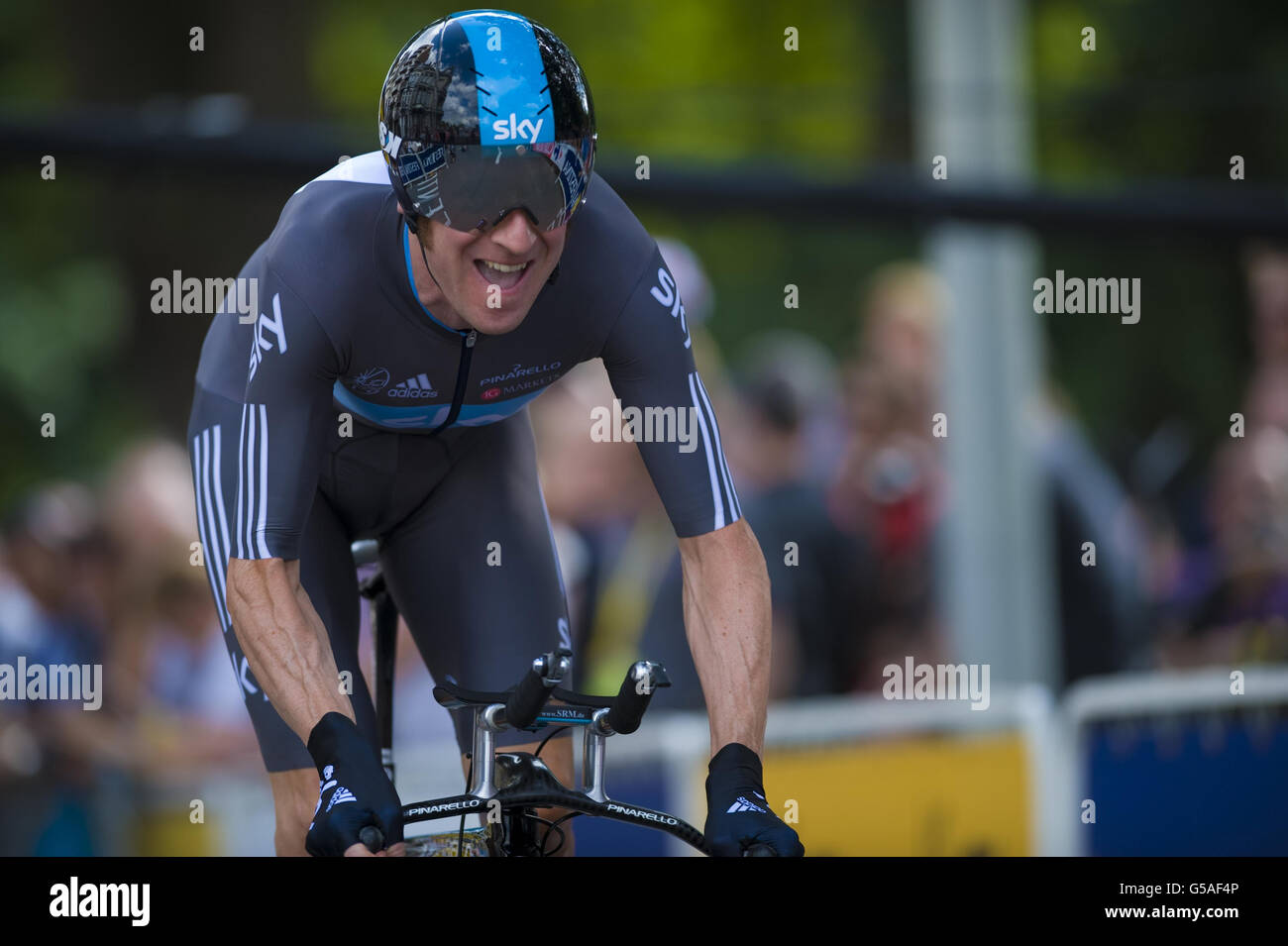 Bradley Wiggins during the Prologue Stage of the 2012 Tour de France in Liege, Belgium. Stock Photo