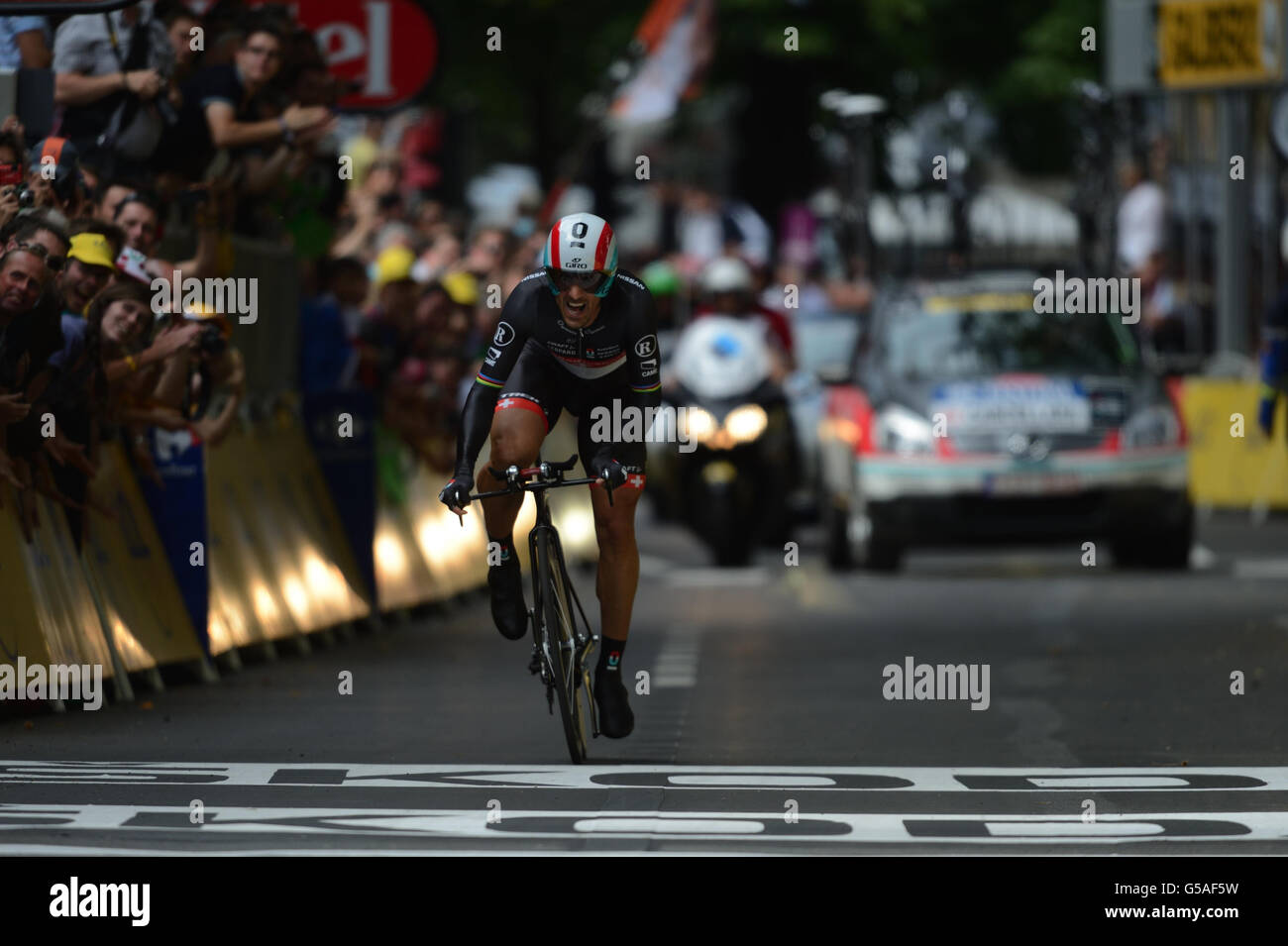 Fabian Cancellara wins the Prologue Stage of the 2012 Tour de France in Liege, Belgium. Stock Photo