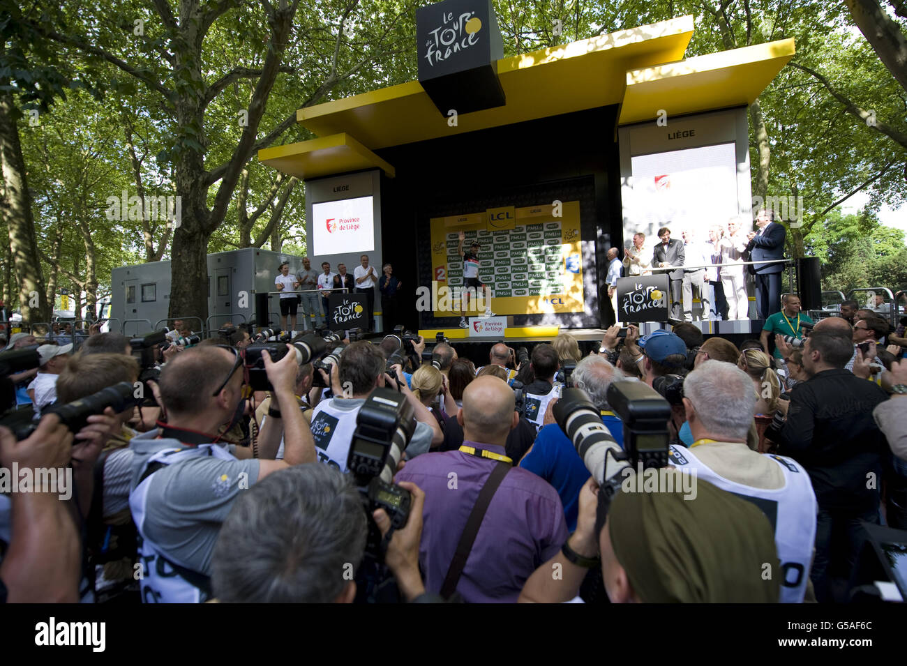 Fabian Cancellara celebrates winning the Prologue Stage of the 2012 Tour de France in Liege, Belgium. Stock Photo