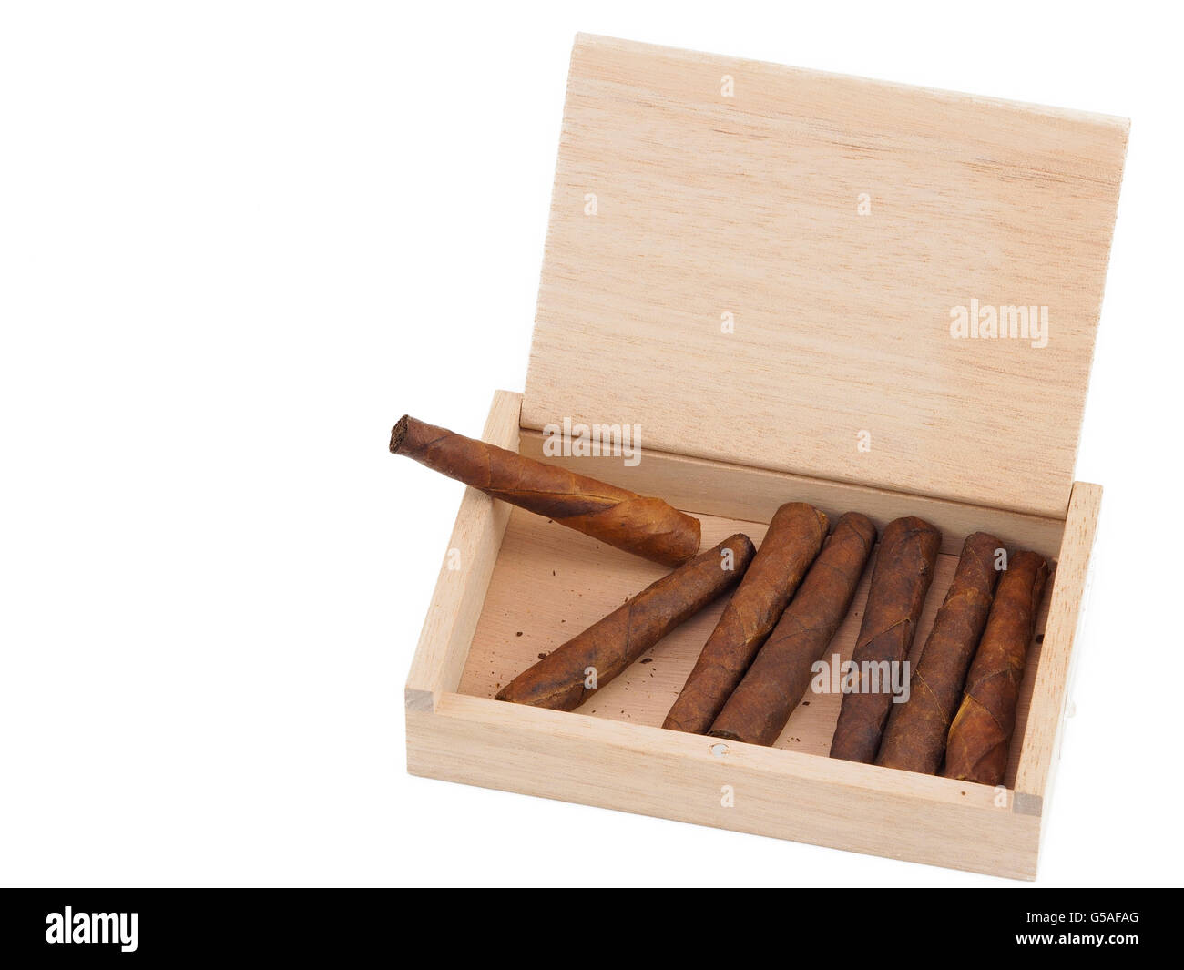 A wooden box with Italian Toscano cigars. Stock Photo