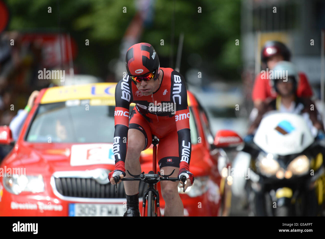 BMC's Cadel Evans crosses the finish line during the Prologue Stage of the 2012 Tour de France in Liege, Belgium. Stock Photo